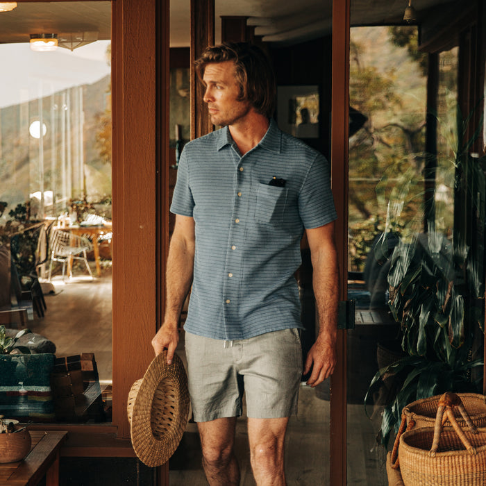 fit model wearing The Short Sleeve Hawthorne in Ocean Pickstitch Waffle