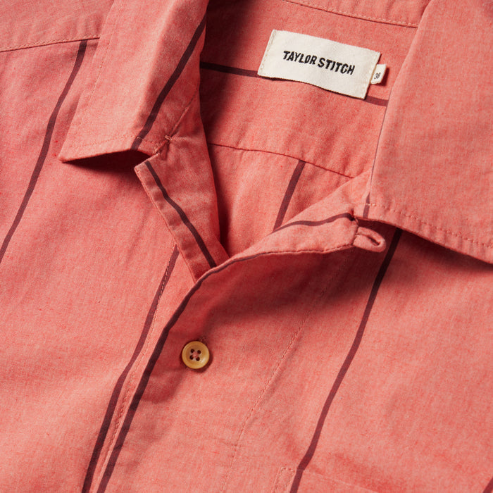 material shot of the camp collar on The Short Sleeve Hawthorne in Rust Stripe