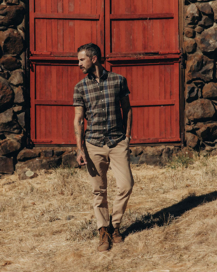 fit model posing in The Short Sleeve Jack in Atlantic Blue Plaid