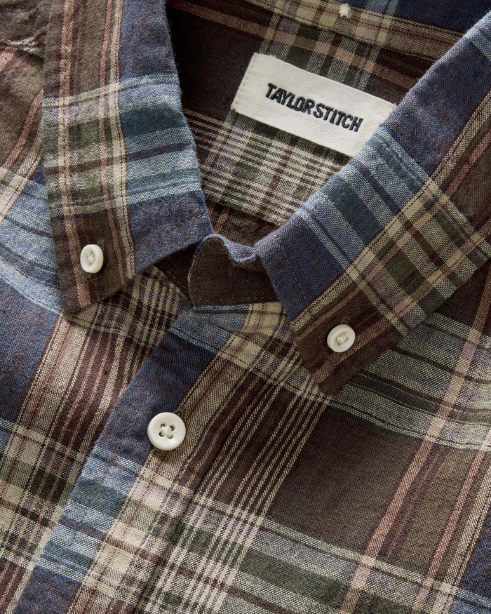 material shot of the collar on The Short Sleeve Jack in Atlantic Blue Plaid