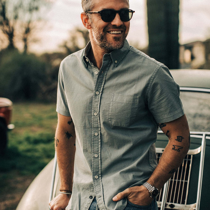 our fit model wearing The Short Sleeve Jack in Dusk Oxford