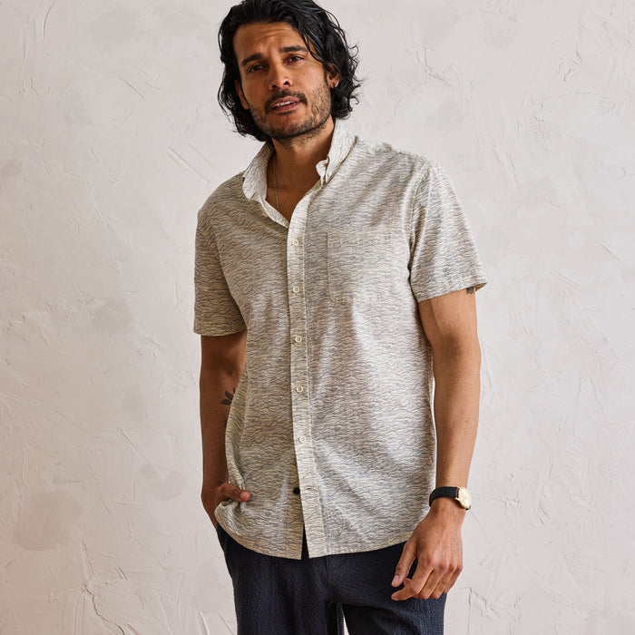 fit model wearing The Short Sleeve Jack in Gulf Stream