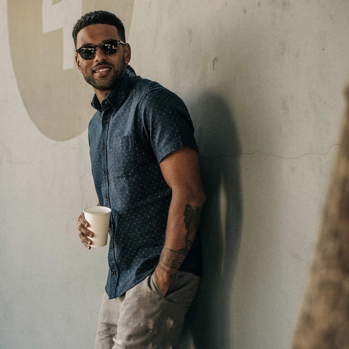 our fit model wearing The Short Sleeve Jack in Indigo Star