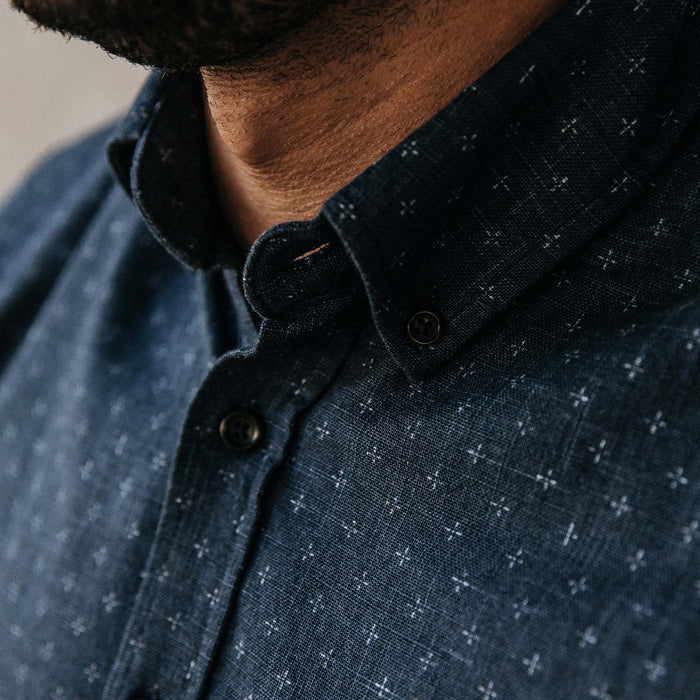 our fit model wearing The Short Sleeve Jack in Indigo Star