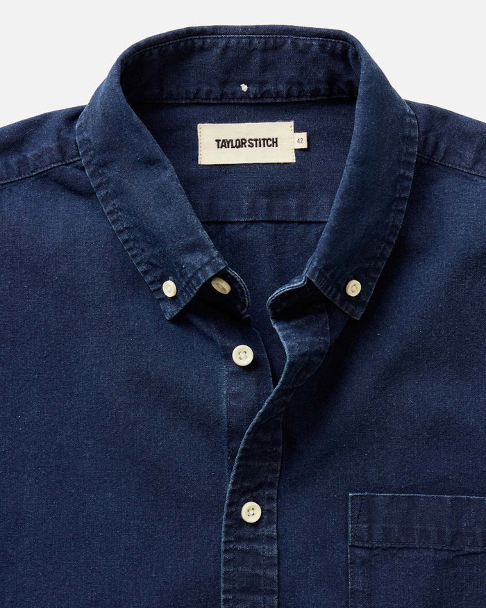 editorial image of The Short Sleeve Jack in Rinsed Indigo Oxford hanging