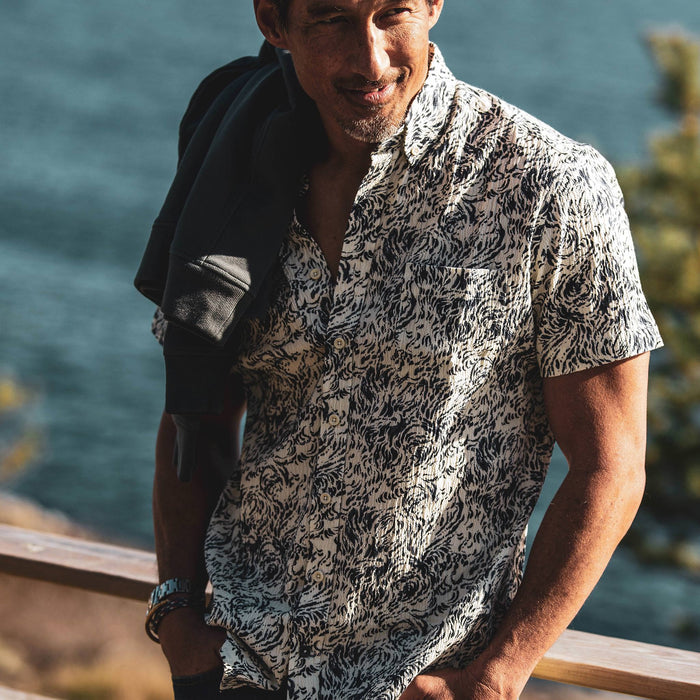 fit model wearing The Short Sleeve Jack in Whitewater, smiling, looking right