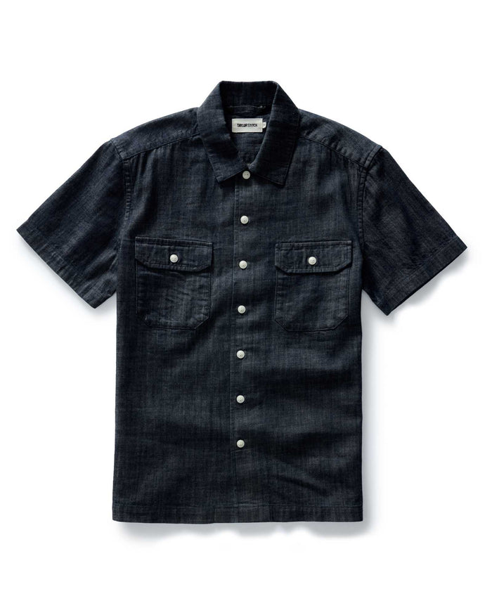 flatlay of The Short Sleeve Mechanic Shirt in Rinsed Indigo Denim