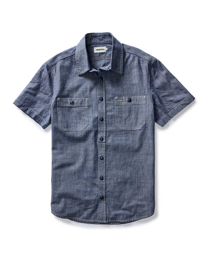 flatlay of The Short Sleeve Utility Shirt in Indigo Selvedge Chambray