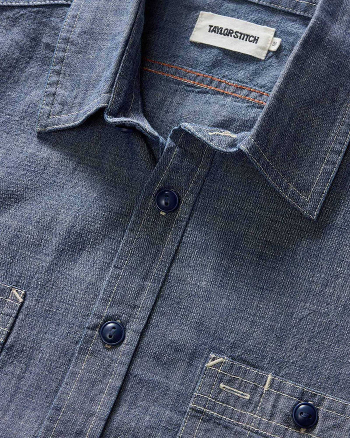 material shot of the collar on The Short Sleeve Utility Shirt in Indigo Selvedge Chambray