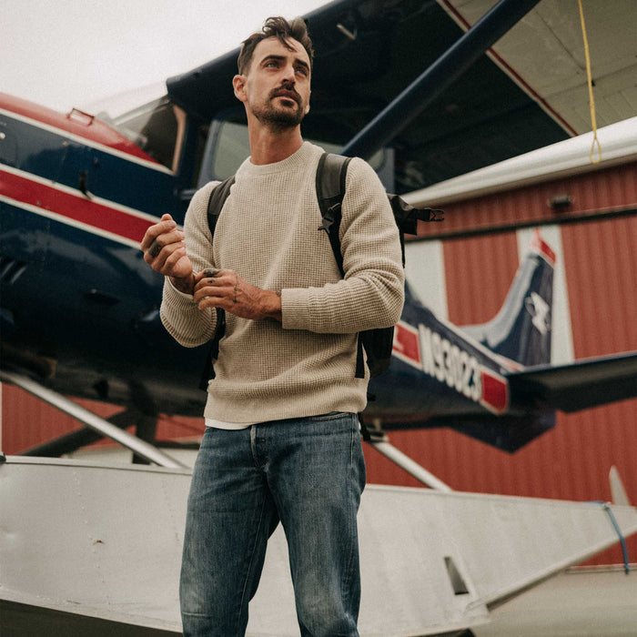 fit model walking wearing The Sidecountry Crew in Heather Fog Merino Waffle