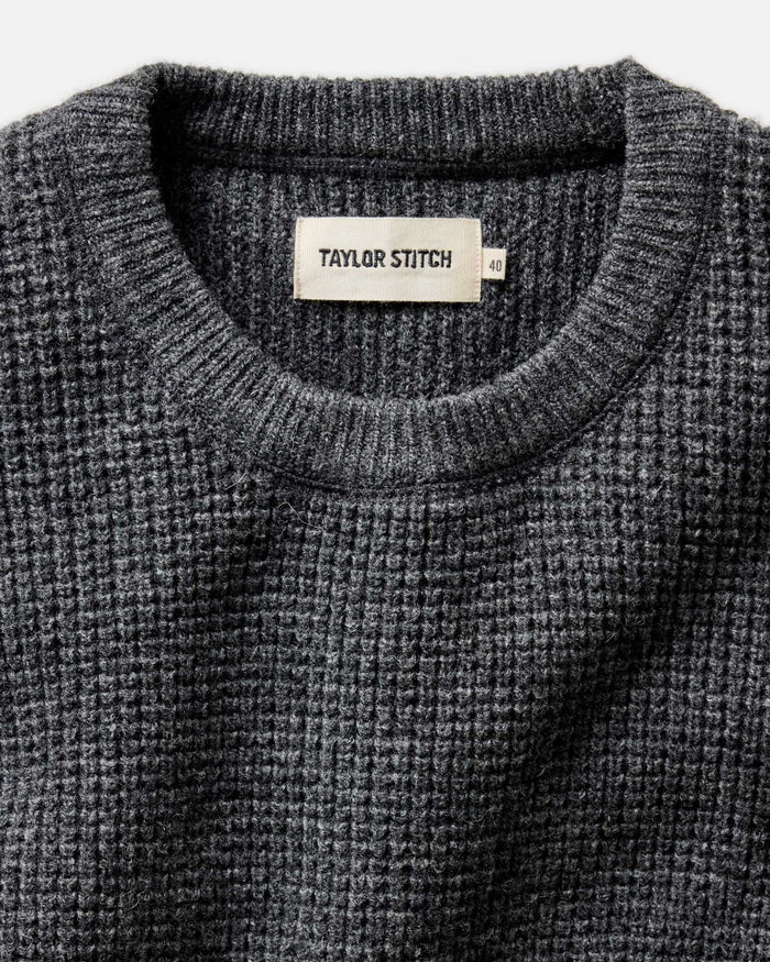 material shot of the collar on The Sidecountry Crew in Heather Graphite Merino Waffle