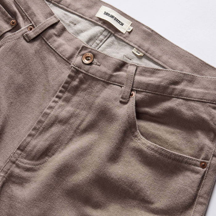 material shot of button fly on The Slim All Day Pant in Silt Broken Twill