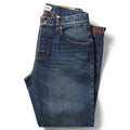 flatlay of The Slim Brushed Back Jean in Sawyer Wash Organic Selvage folded