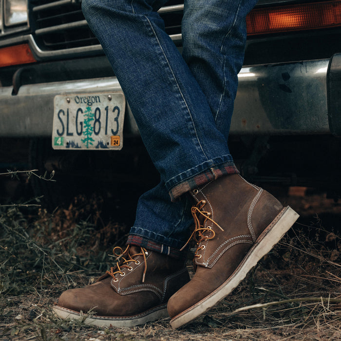 fit model showing off cuff detail on The Slim Brushed Back Jean in Sawyer Wash Organic Selvage