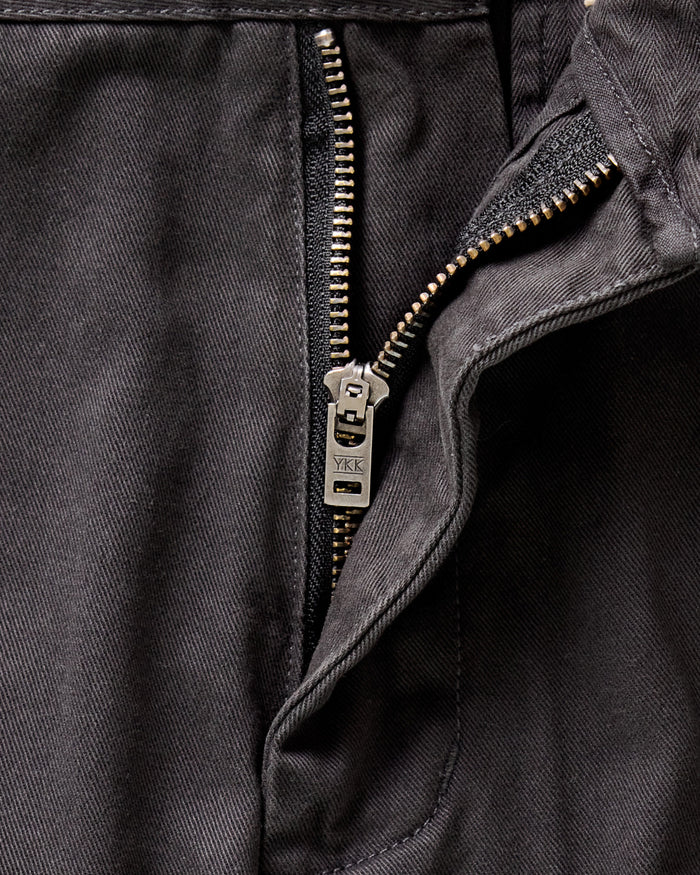 material shot of the YKK zipper fly on The Slim Foundation Pant in Organic Faded Black
