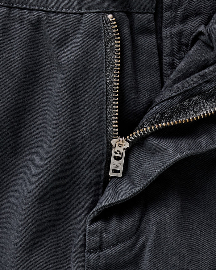 material shot of the zipper on The Slim Foundation Pant in Organic Navy