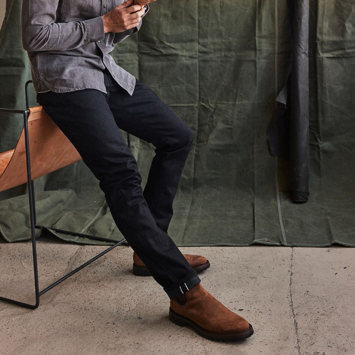 fit model in The Slim Jean in Black Nihon Menpu Selvage