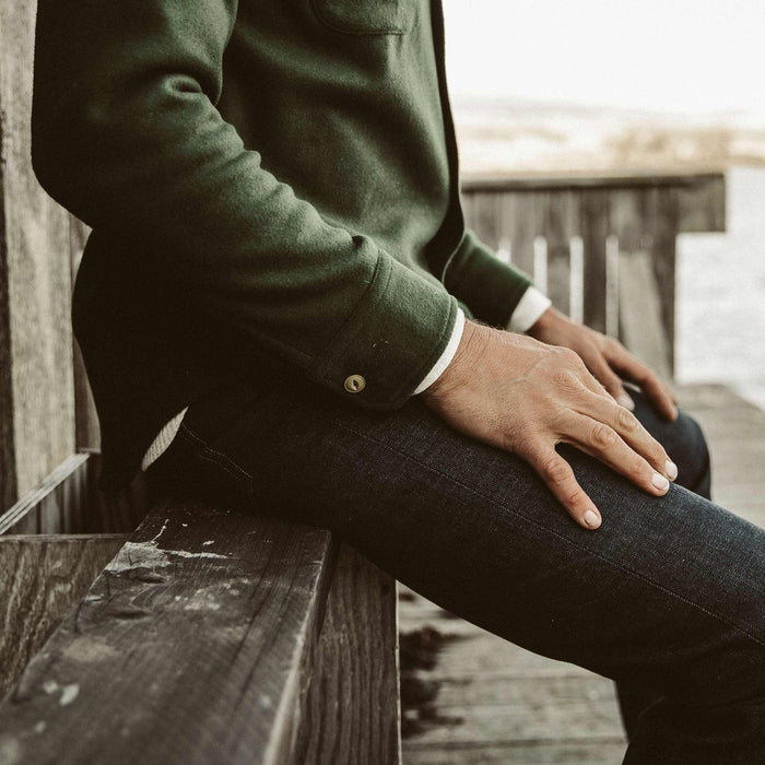 Side shot of the fit model in our Slim Era Selvage denim