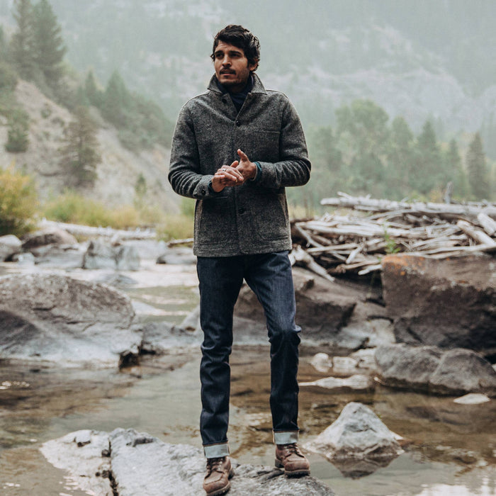 fit model wearing The Slim Jean in Cone Mills Reserve Selvage, on creek