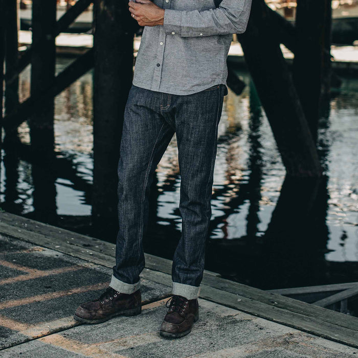 our fit model wearing The Slim Everyday Jean—cropped shot of jean