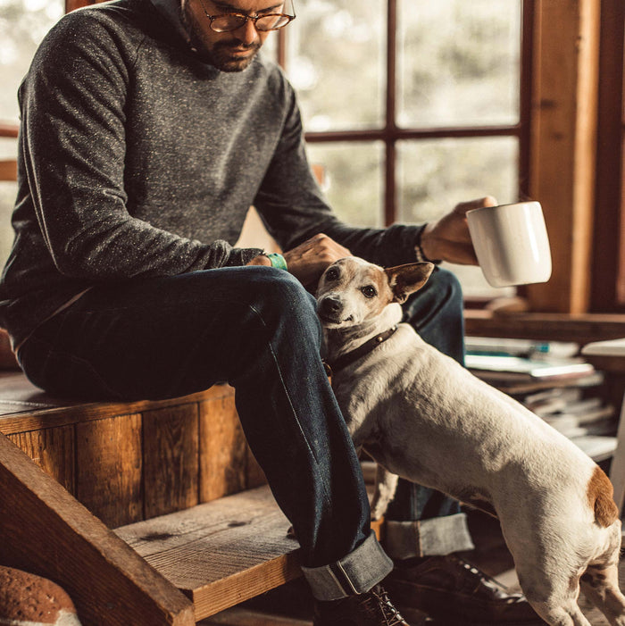 Our fit model wearing The Slim Jean in Organic Stretch Selvage.