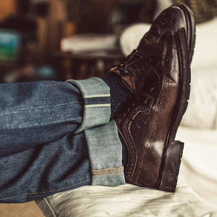Our fit model wearing The Slim Jean in Organic Stretch Selvage.