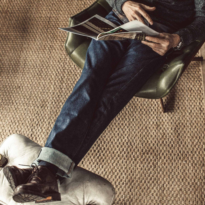 Our fit model wearing The Slim Jean in Organic Stretch Selvage.