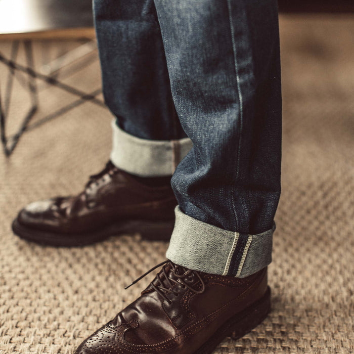Our fit model wearing The Slim Jean in Organic Stretch Selvage.