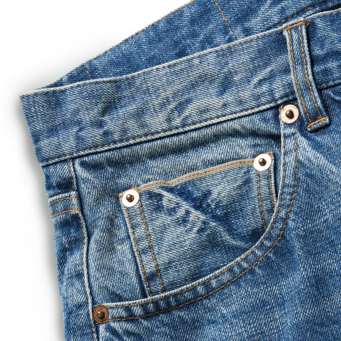 material shot of the pockets on The Slim Jean in Patch Wash Selvage
