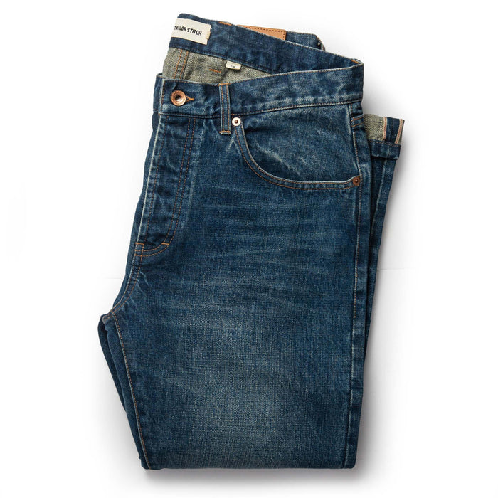 front flatlay of The Slim Jean in Sawyer Wash Organic Selvage