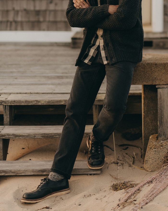 fit model posing in The Slim Jean in Washed Black Organic Slub Selvedge