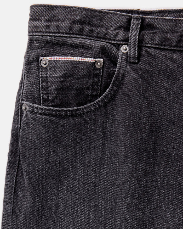 material shot of the pocket on The Slim Jean in Washed Black Organic Slub Selvedge