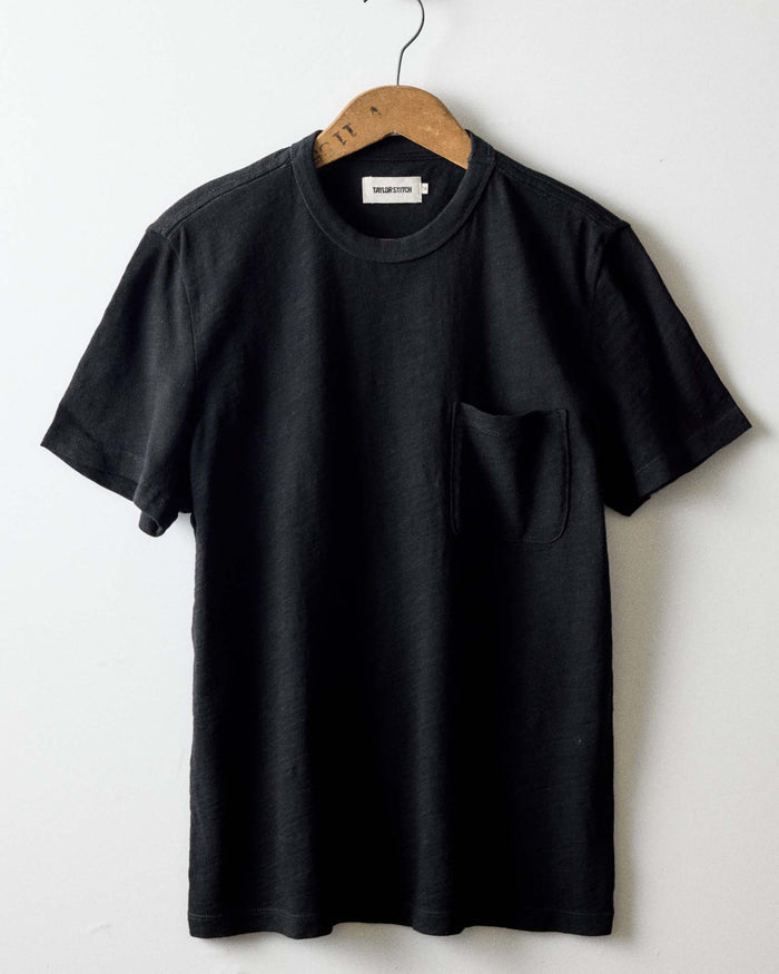 editorial image of The Organic Cotton Tee in Black Indigo hanging