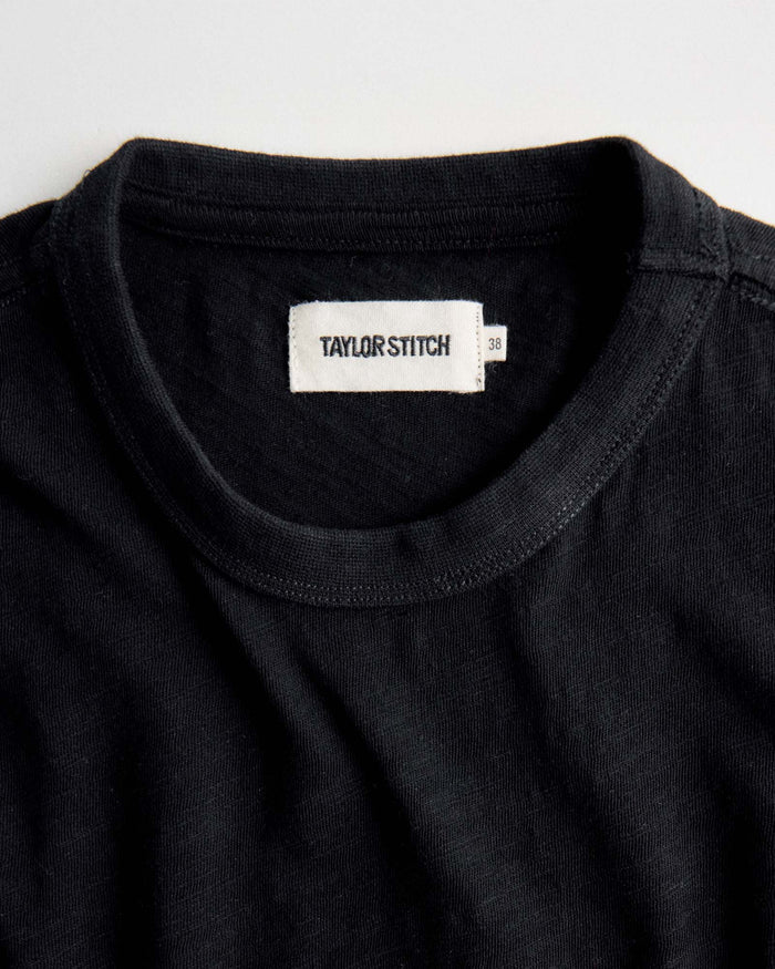 material shot of the collar on The Organic Cotton Tee in Black Indigo