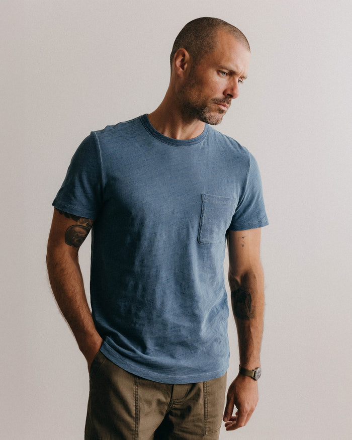 fit model in The Organic Cotton Tee in Dyed Indigo