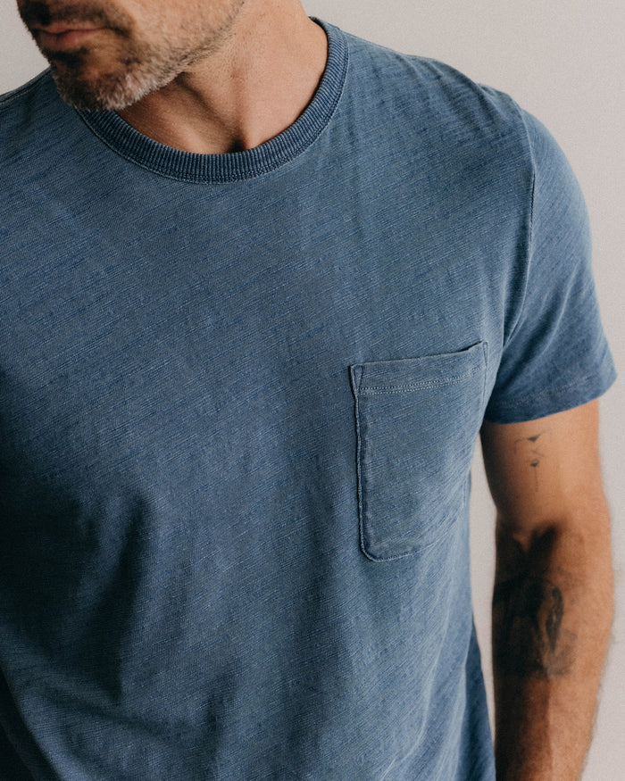 fit model showing the textural detail on The Organic Cotton Tee in Dyed Indigo