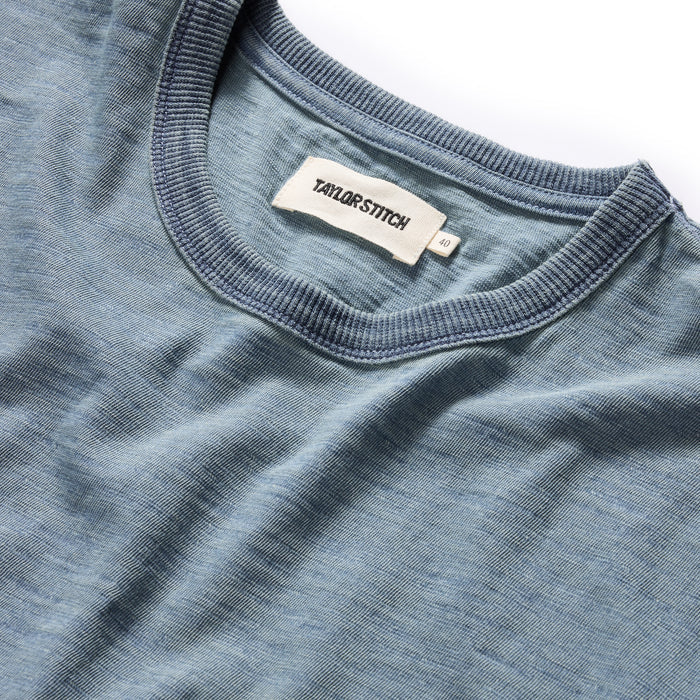material shot of the neck opening on The Organic Cotton Tee in Dyed Indigo