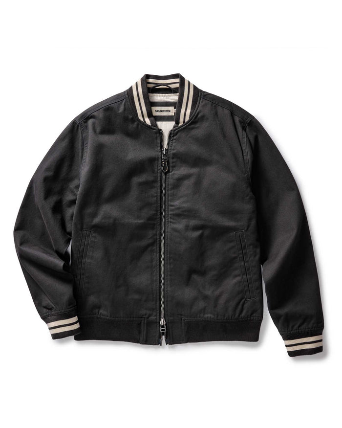 flatlay of The Speedway Bomber in Organic Faded Black Twill