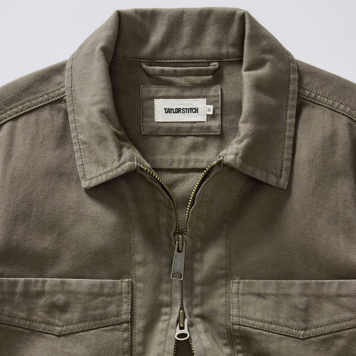 material shot of the collar on The Station Jacket in Fatigue Olive Broken Twill