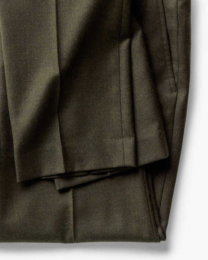 material shot of the cuff on The Stevens Trouser in Black Olive Wool Flannel