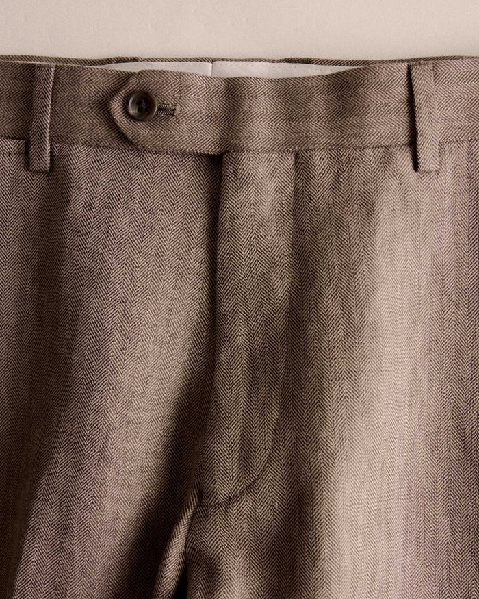 material shot of the waistband on The Stevens Trouser in Coffee Linen Herringbone