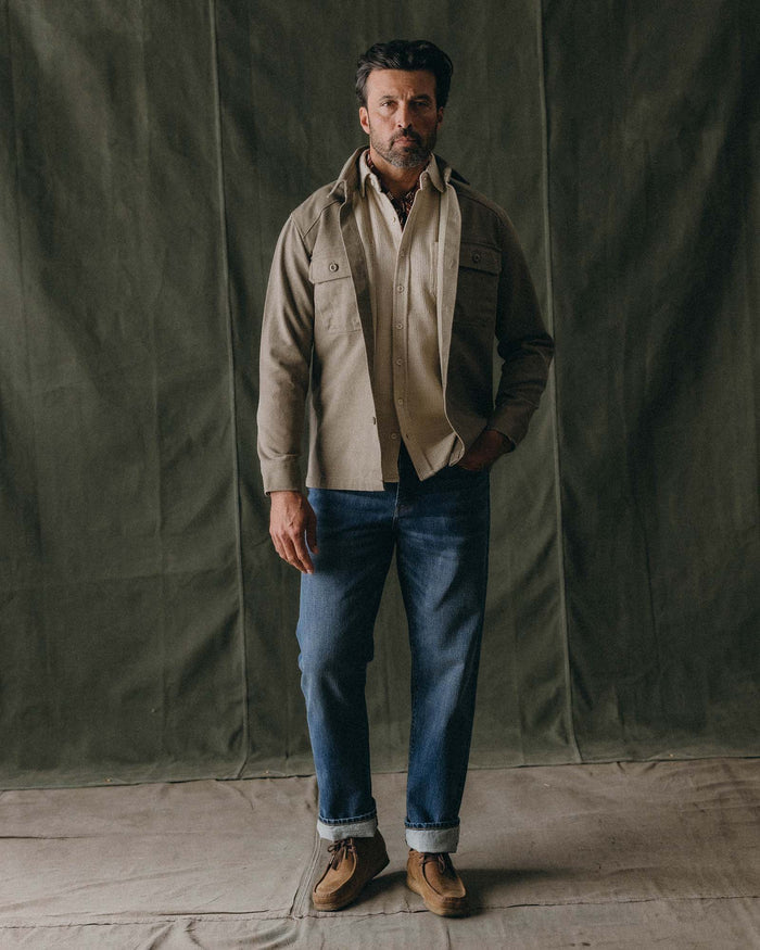 fit model posing in The Straight Jean in Mid Wash Organic Selvedge