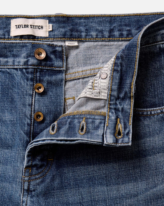 material shot of the buttons on The Straight Jean in Mid Wash Organic Selvedge