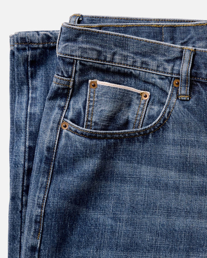 material shot of the pockets on The Straight Jean in Mid Wash Organic Selvedge