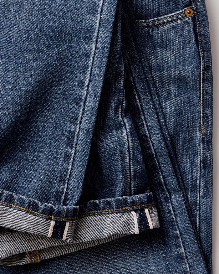 material shot of the cuffs on The Straight Jean in Mid Wash Organic Selvedge