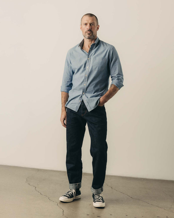 fit model showing off The Straight Jean in Rinsed Yoshiwa Selvedge