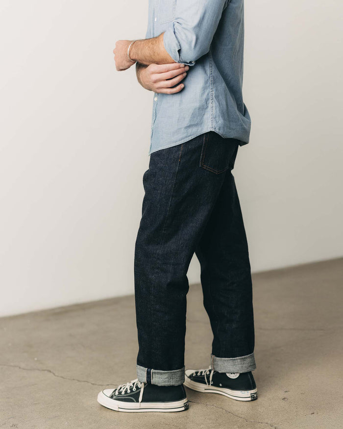 fit model posing in The Straight Jean in Rinsed Yoshiwa Selvedge