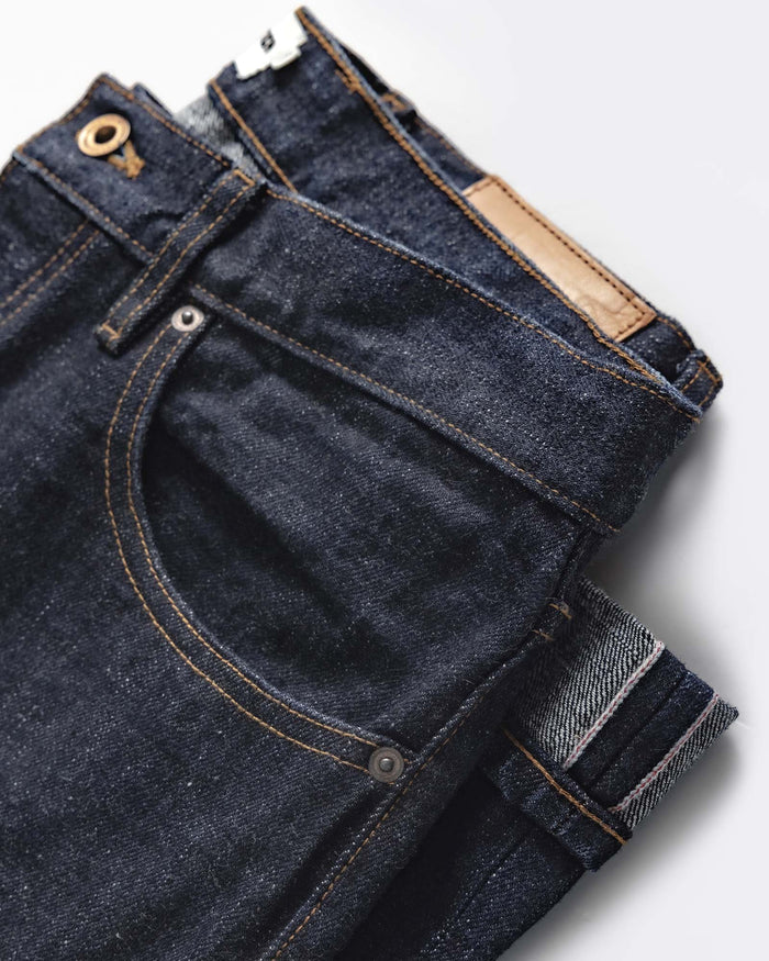 material shot of the waistband on The Straight Jean in Rinsed Yoshiwa Selvedge