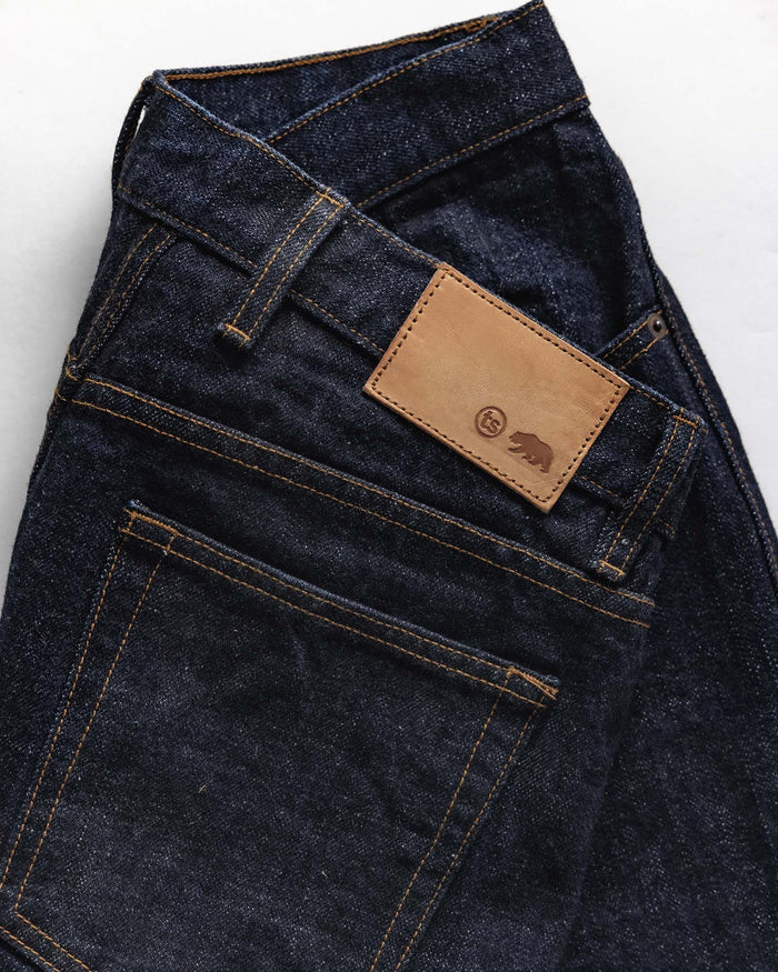 material shot of the back waistband on The Straight Jean in Rinsed Yoshiwa Selvedge