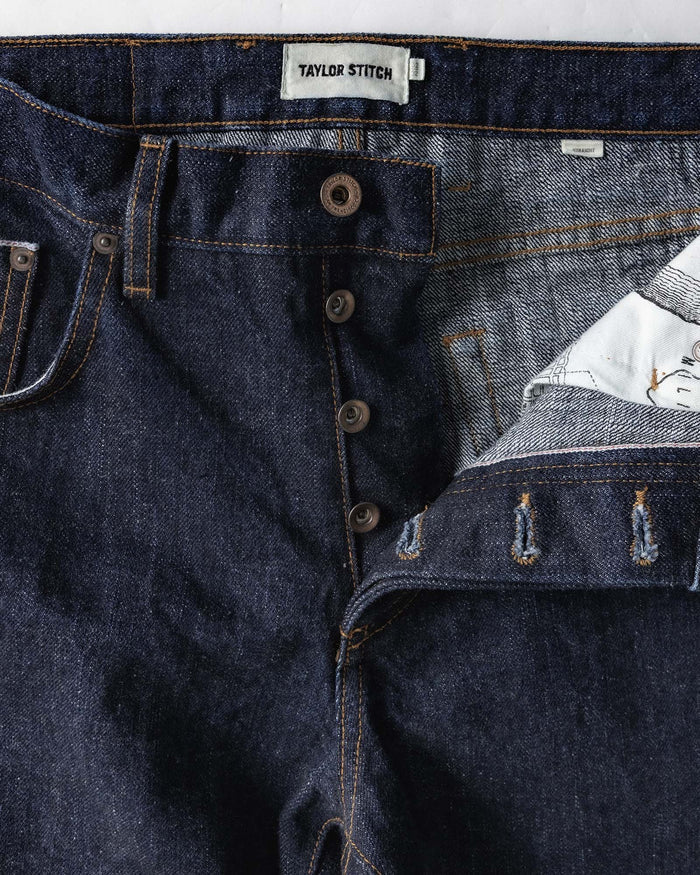 material shot of the buttons on The Straight Jean in Rinsed Yoshiwa Selvedge
